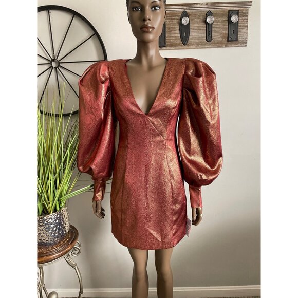 NWT ASOS DESIGN Super Sleeve Metallic Open Square Back Tux Mini Dress in Gold 6 - Picture 1 of 7